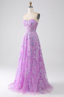 Load image into Gallery viewer, Purple A-Line Strapless Corset Prom Dress with Appliques