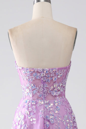 Purple A-Line Strapless Corset Prom Dress with Appliques