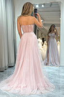 Load image into Gallery viewer, Light Pink A Line Long Corset Prom Dress With Slit