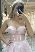 Load image into Gallery viewer, Light Pink A Line Long Corset Prom Dress With Slit