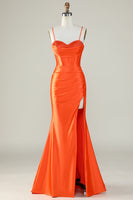 Load image into Gallery viewer, Orange Mermaid Spaghetti Straps Long Corset Prom Dress With Slit