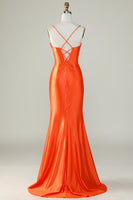 Load image into Gallery viewer, Orange Mermaid Spaghetti Straps Long Corset Prom Dress With Slit