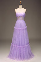 Load image into Gallery viewer, Tulle Strapless Purple Corset Prom Dress