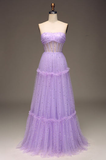Tulle Strapless Purple Corset Prom Dress