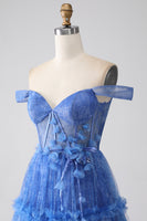Load image into Gallery viewer, Blue Printed A Line Tulle Corset Prom Dress