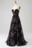 Load image into Gallery viewer, Black Printed Spaghetti Straps A Line Prom Dress with Slit