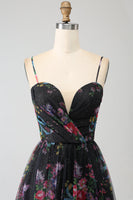 Load image into Gallery viewer, Black Printed Spaghetti Straps A Line Prom Dress with Slit
