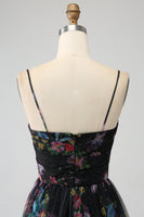 Load image into Gallery viewer, Black Printed Spaghetti Straps A Line Prom Dress with Slit