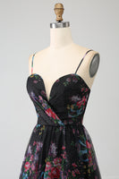 Load image into Gallery viewer, Black Printed Spaghetti Straps A Line Prom Dress with Slit
