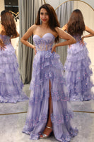 Load image into Gallery viewer, Sparkly Purple A Line Long Corset Tiered Prom Dress With Slit