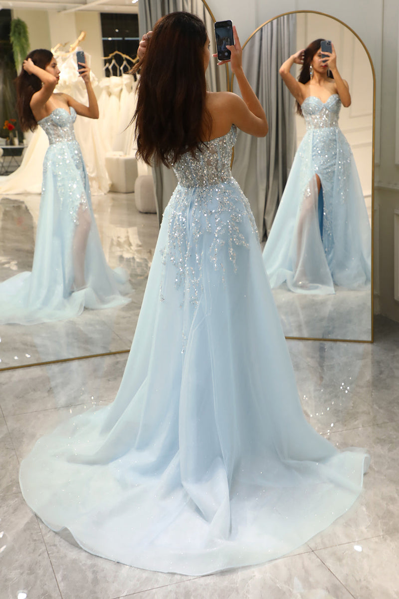 Queendancer Women Light Blue Long Prom Dress Glitter Corset Formal