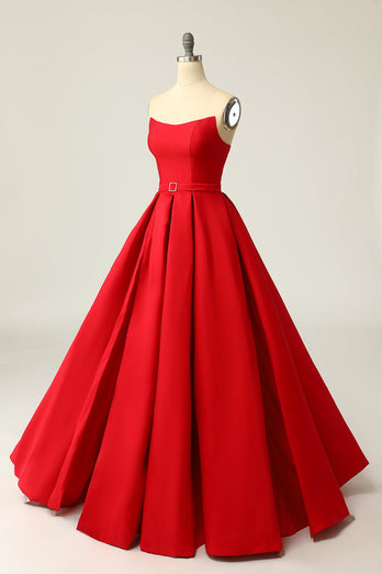A Line Strapless Red Prom Party Dress with Split Front