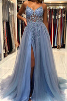 Load image into Gallery viewer, Women Grey Blue Long Prom Dress with Appliques Tulle A-Line Spaghetti Straps Formal Dress with Slit 