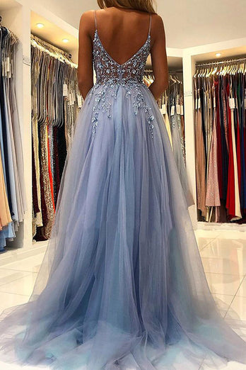 A-Line Spaghetti Straps Grey Blue Long Prom Dress with Appliques