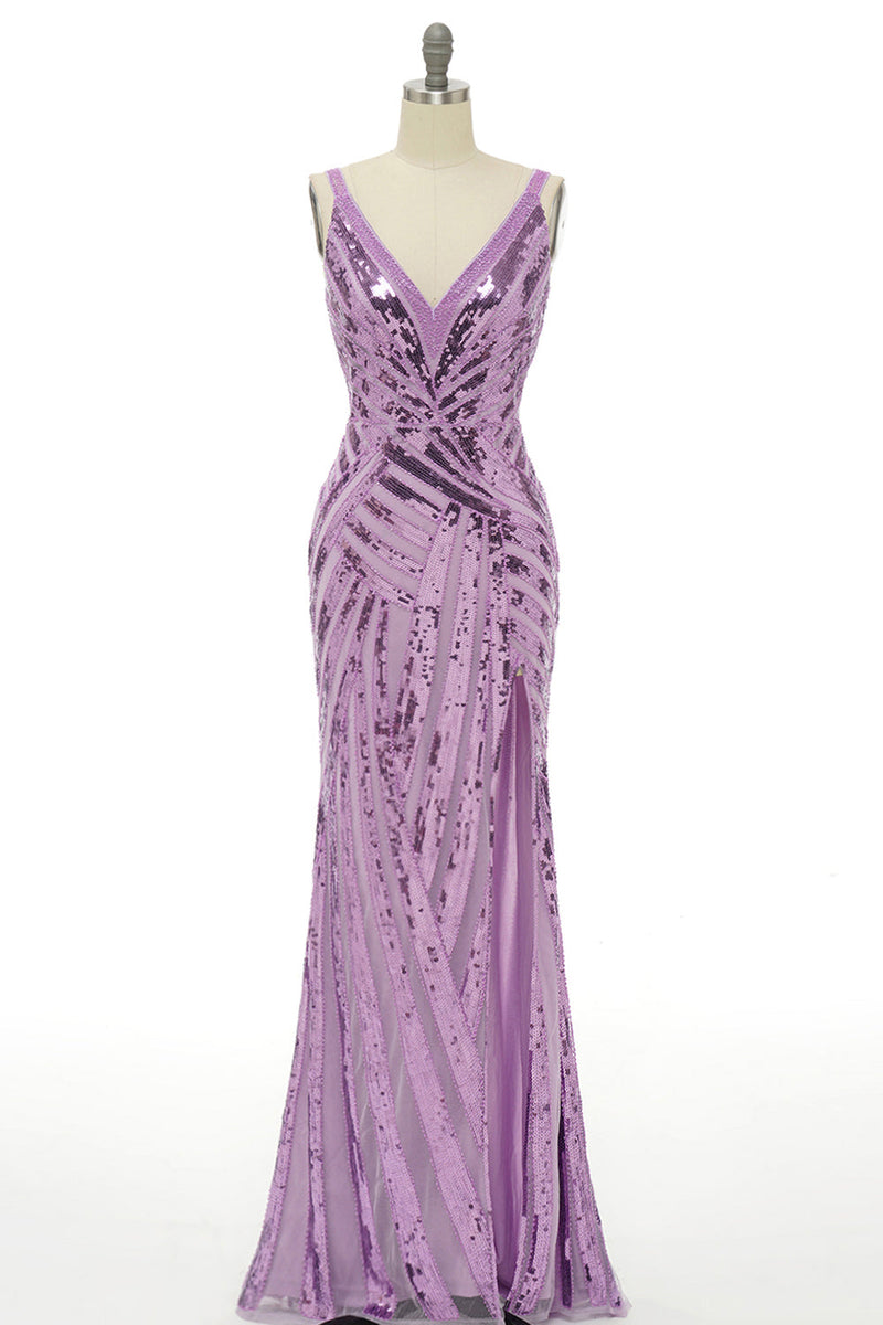 Load image into Gallery viewer, Sparkly Purple Sequins Backless Long Prom Dress