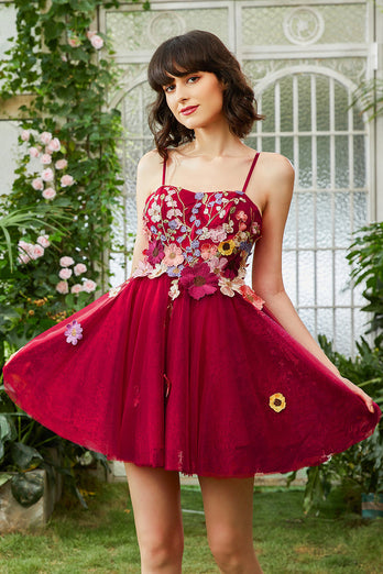 Burgundy A Line Spaghetti Straps Short Prom Dress With 3D Flowers