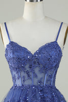 Load image into Gallery viewer, Cute A Line Spaghetti Straps Dark Blue Sparkly Corset Party Dress