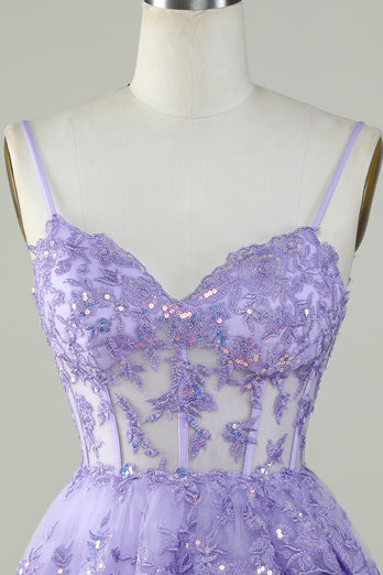 Spaghetti Straps Dark Blue Sparkly Corset Party Dress