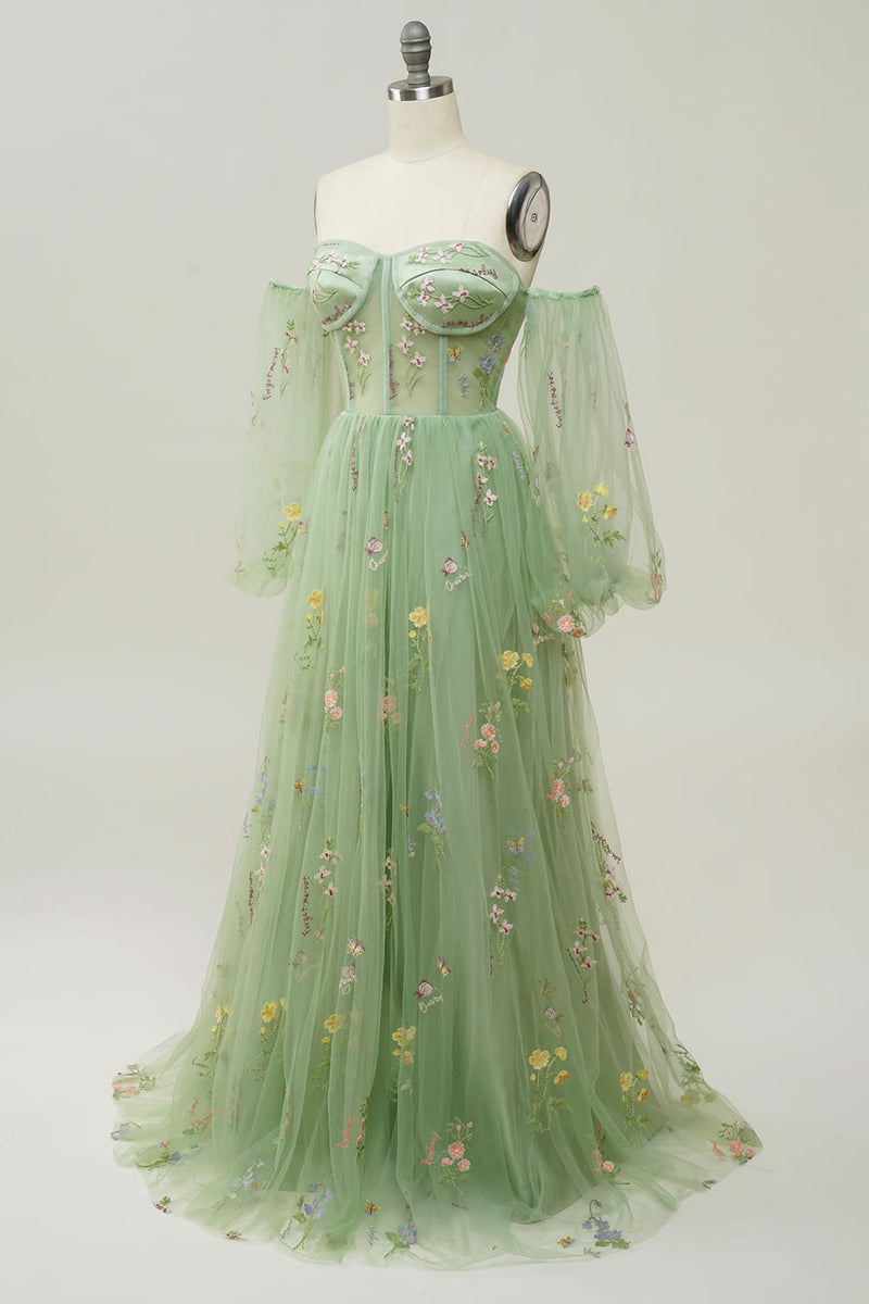 Load image into Gallery viewer, Green Off The Shoulder Long Sleeves A-Line Prom Dress
