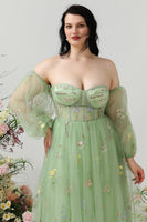 Load image into Gallery viewer, A Line Off the Shoulder Green Plus Size Prom Dress with Embroidery