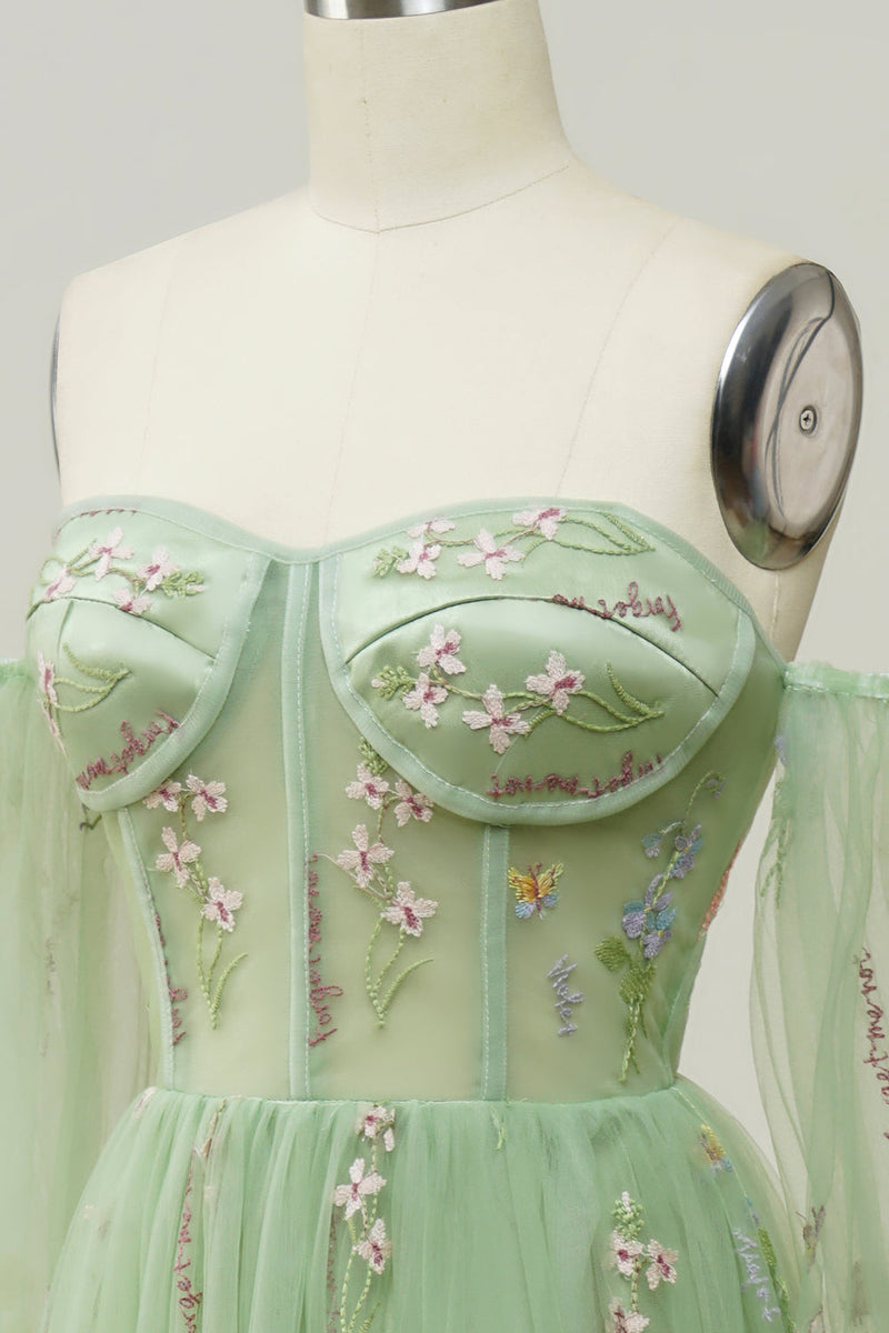Load image into Gallery viewer, Green Off The Shoulder Long Sleeves A-Line Prom Dress