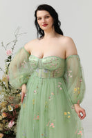 Load image into Gallery viewer, A Line Off the Shoulder Green Plus Size Prom Dress with Embroidery