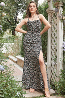 Load image into Gallery viewer, Sheath Halter Black Flower Printed Long Bridesmaid Dress