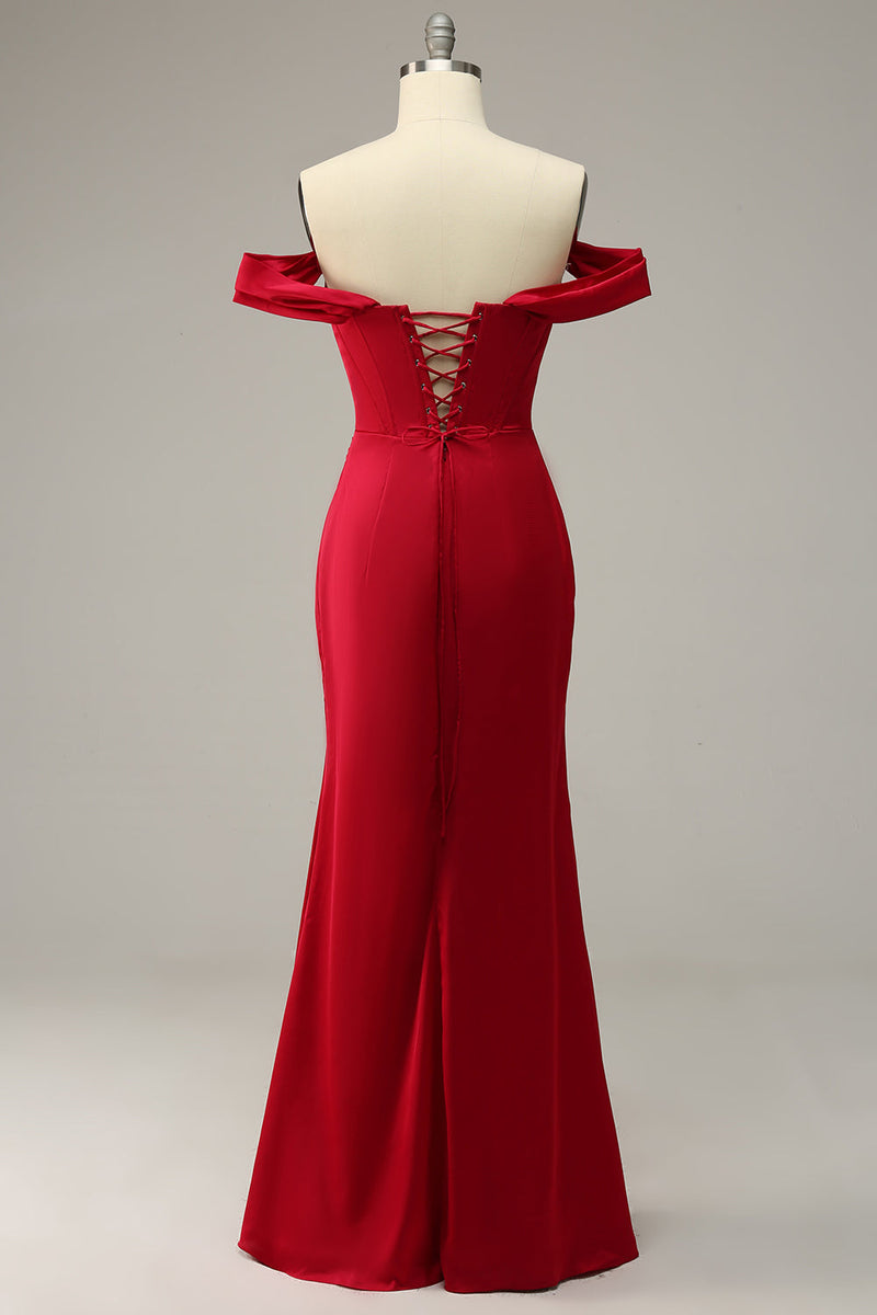 Load image into Gallery viewer, Plus Size Mermaid Off the Shoulder Burgundy Long Prom Dress with Slit