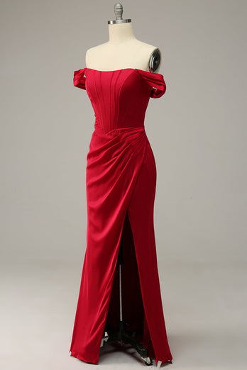 Plus Size Mermaid Off the Shoulder Burgundy Long Prom Dress with Slit