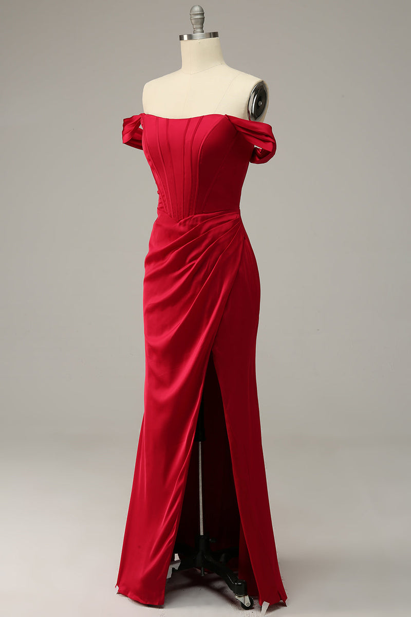 Load image into Gallery viewer, Plus Size Mermaid Off the Shoulder Burgundy Long Prom Dress with Slit