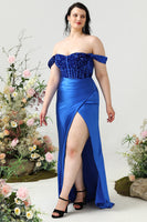 Load image into Gallery viewer, Sheath Off the Shoulder Royal Blue Plus Size Prom Dress with Split Front