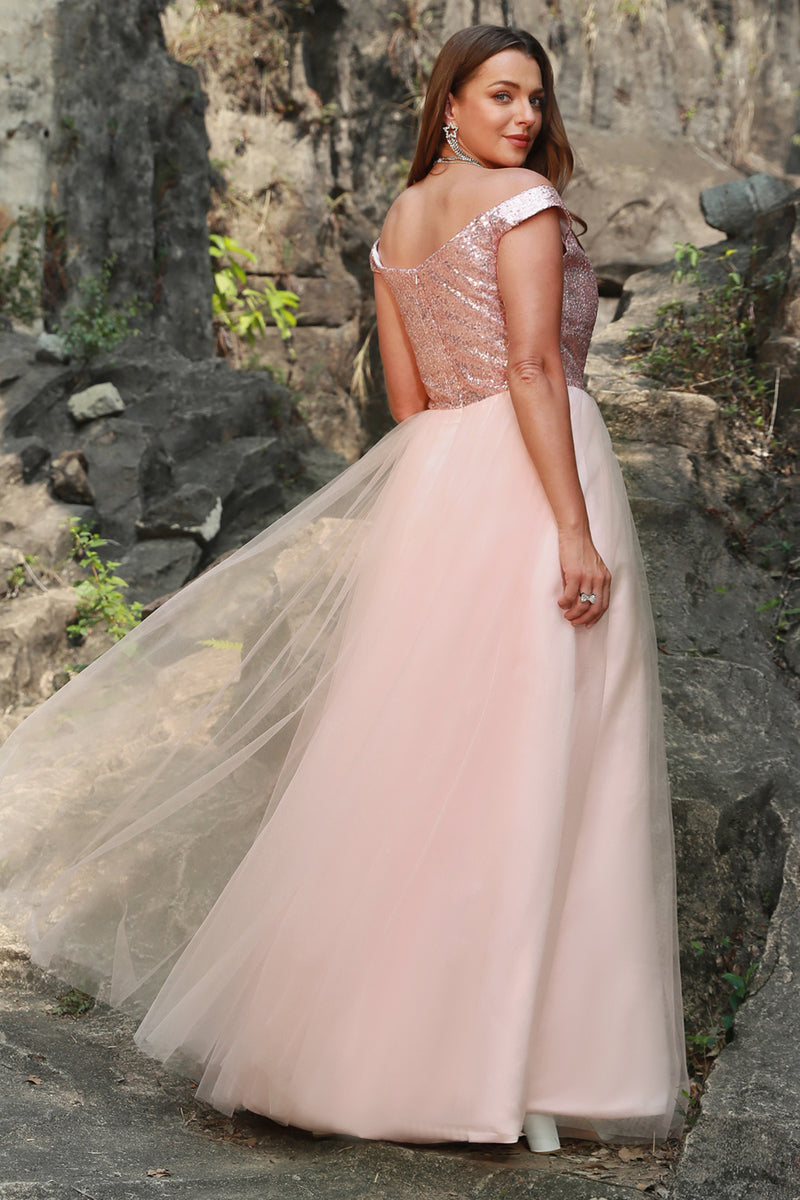 Load image into Gallery viewer, Off the Shoulder A Line Blush Plus Size Prom Dress
