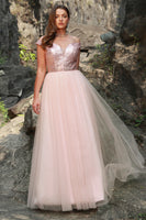 Load image into Gallery viewer, Off the Shoulder A Line Blush Plus Size Prom Dress