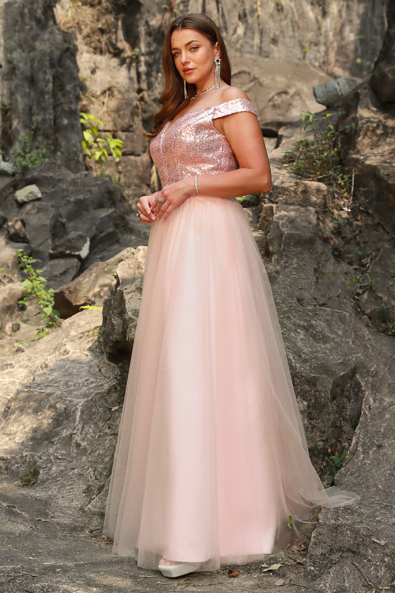Load image into Gallery viewer, Off the Shoulder A Line Blush Plus Size Prom Dress
