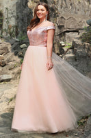 Load image into Gallery viewer, Off the Shoulder A Line Blush Plus Size Prom Dress