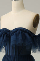 Load image into Gallery viewer, A-Line Off the Shoulder Sweetheart Tulle Navy Long Prom Dress