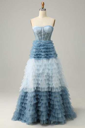 Strapless Lace-Up Back Light Blue Ball Gown Dress