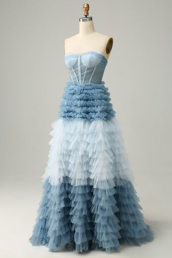 Strapless Lace-Up Back Light Blue Ball Gown Dress