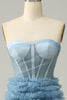 Load image into Gallery viewer, Strapless Lace-Up Back Light Blue Ball Gown Dress