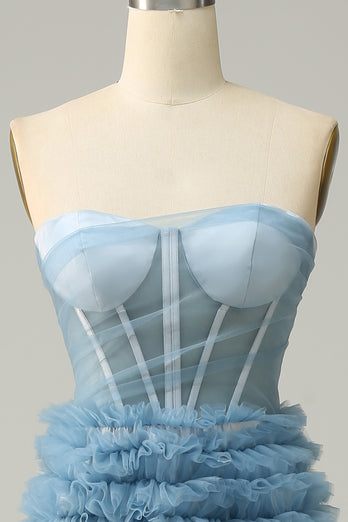 Strapless Lace-Up Back Light Blue Ball Gown Dress