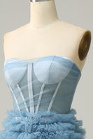 Load image into Gallery viewer, Strapless Lace-Up Back Light Blue Ball Gown Dress