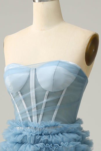 Strapless Lace-Up Back Light Blue Ball Gown Dress