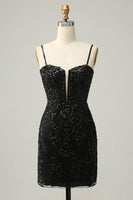 Load image into Gallery viewer, Sparkly Black Corset Sequins Tight Short Prom Dress with Lace