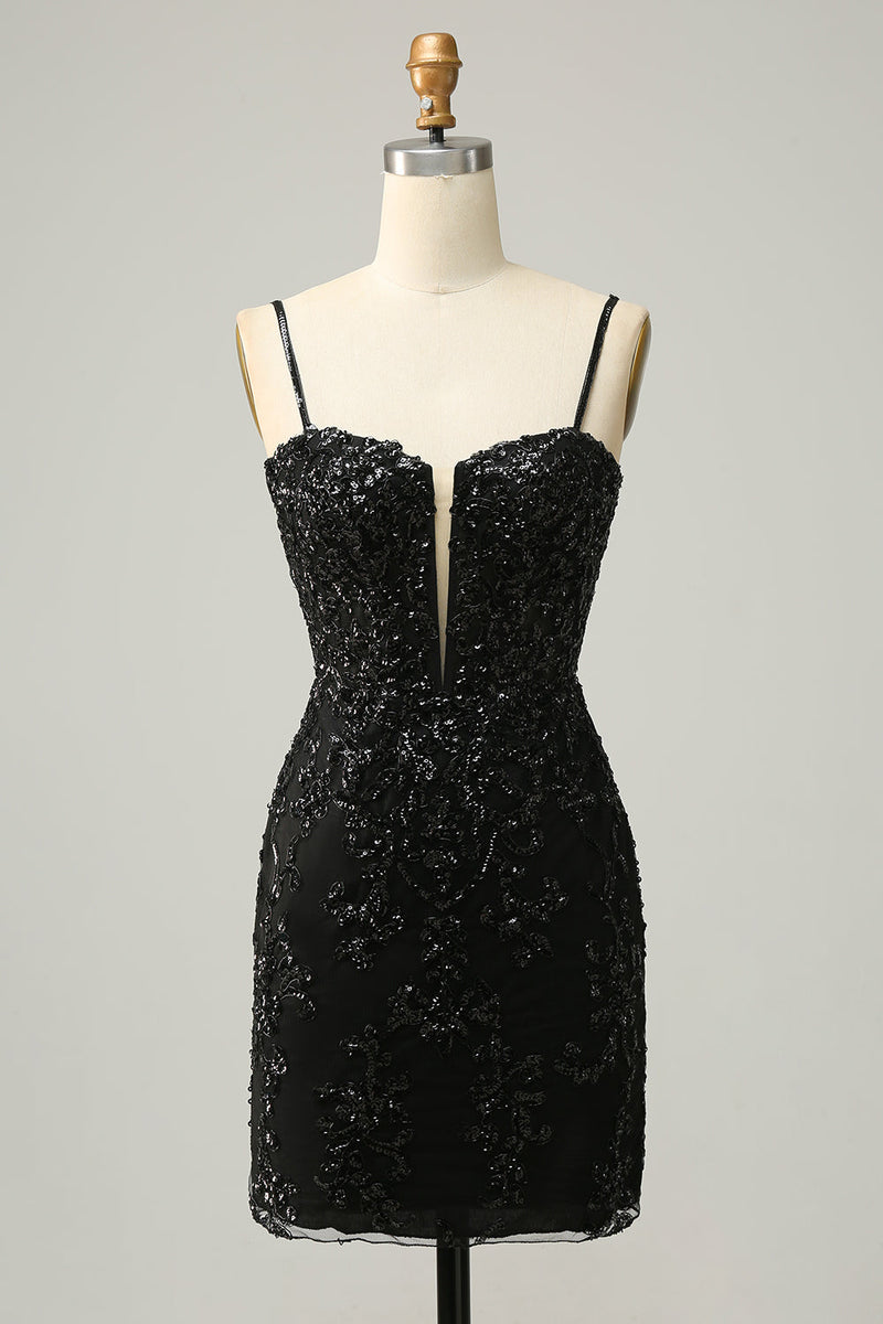 Load image into Gallery viewer, Sparkly Black Corset Sequins Tight Short Prom Dress with Lace
