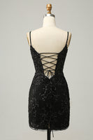 Load image into Gallery viewer, Sparkly Black Corset Sequins Tight Short Prom Dress with Lace