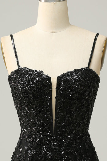Sparkly Black Corset Sequins Tight Short Prom Dress with Lace