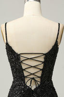 Load image into Gallery viewer, Sparkly Black Corset Sequins Tight Short Prom Dress with Lace