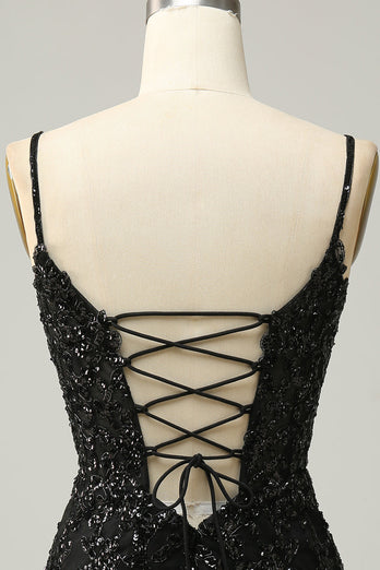 Sparkly Black Corset Sequins Tight Short Prom Dress with Lace