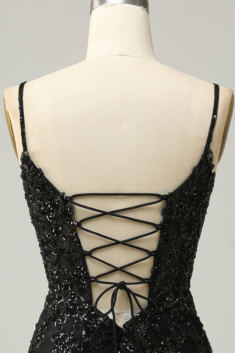 Load image into Gallery viewer, Sparkly Black Corset Sequins Tight Short Prom Dress with Lace