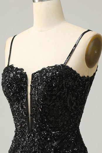 Sparkly Black Corset Sequins Tight Short Prom Dress with Lace